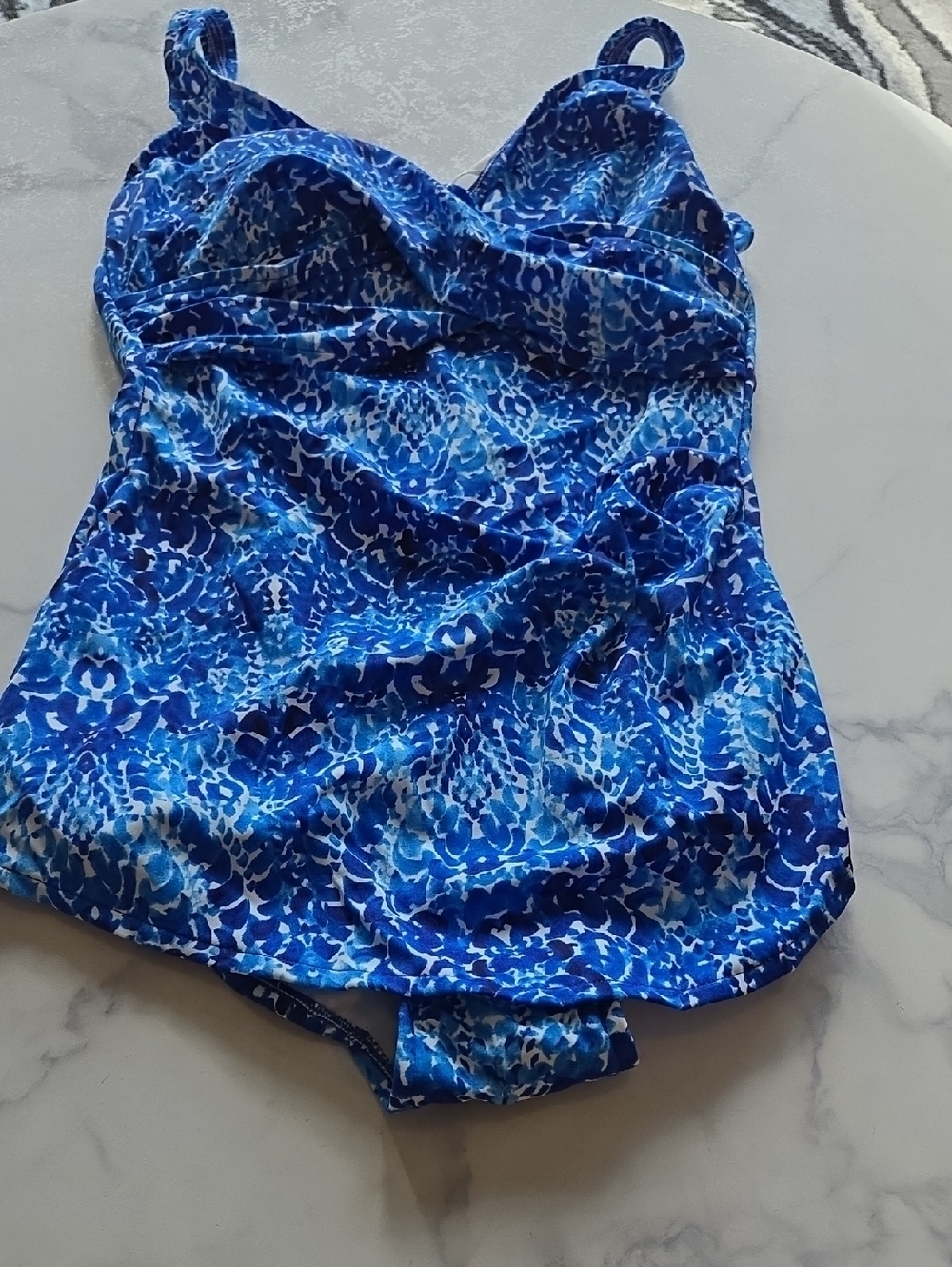 Swim Solutions Blue Patterned Scoop Back Twist-Front One Piece Swimsuit 14 NWT - Picture 3 of 8